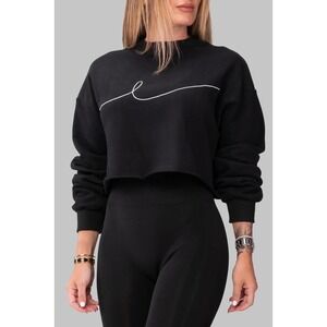 By Egreis Bye Cropped Black Hooded Sweatshirt Small Long Sleeve Cozy Logo Front